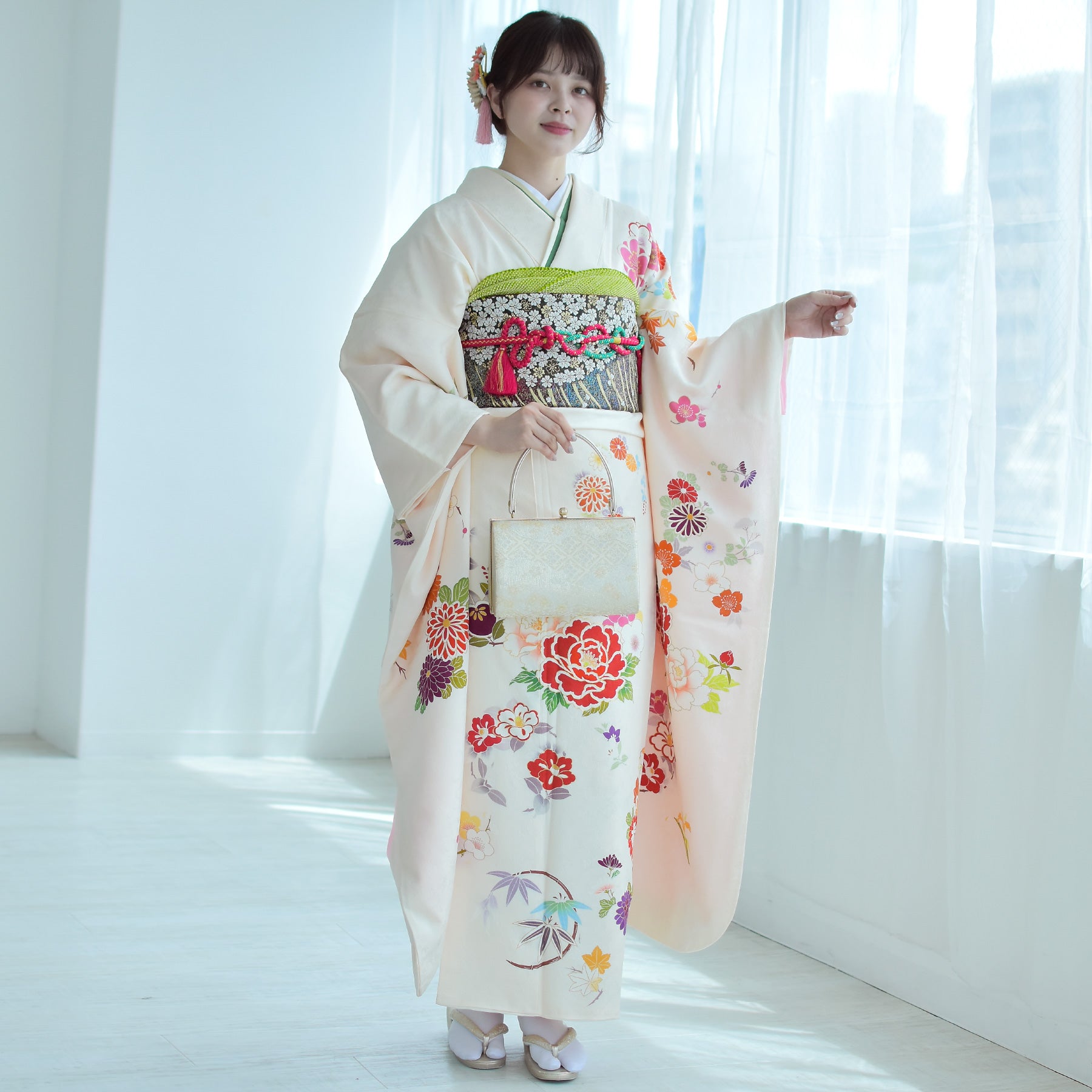 振り袖 フルセット 別誂長襦袢付 高級紅型 手描き 万葉集 袋帯 529 本