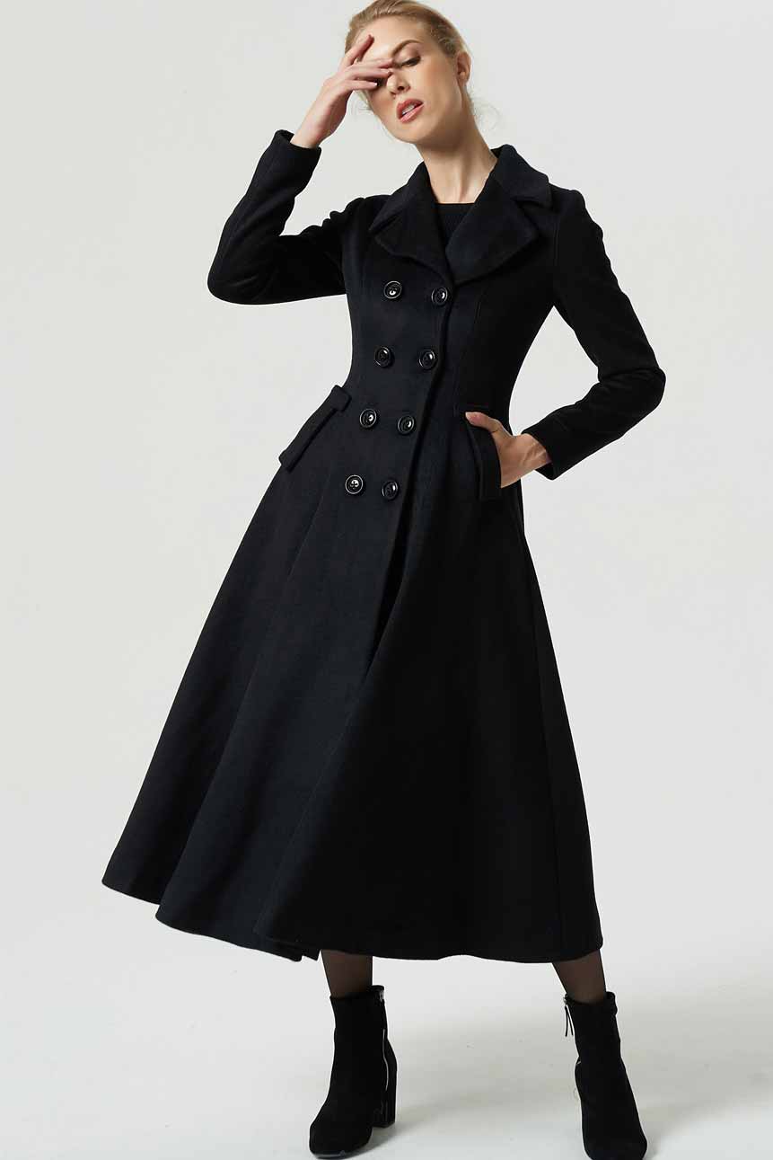 Black Wool Coat – Double Breasted Long Winter Overcoat 1968 – Xiaolizi