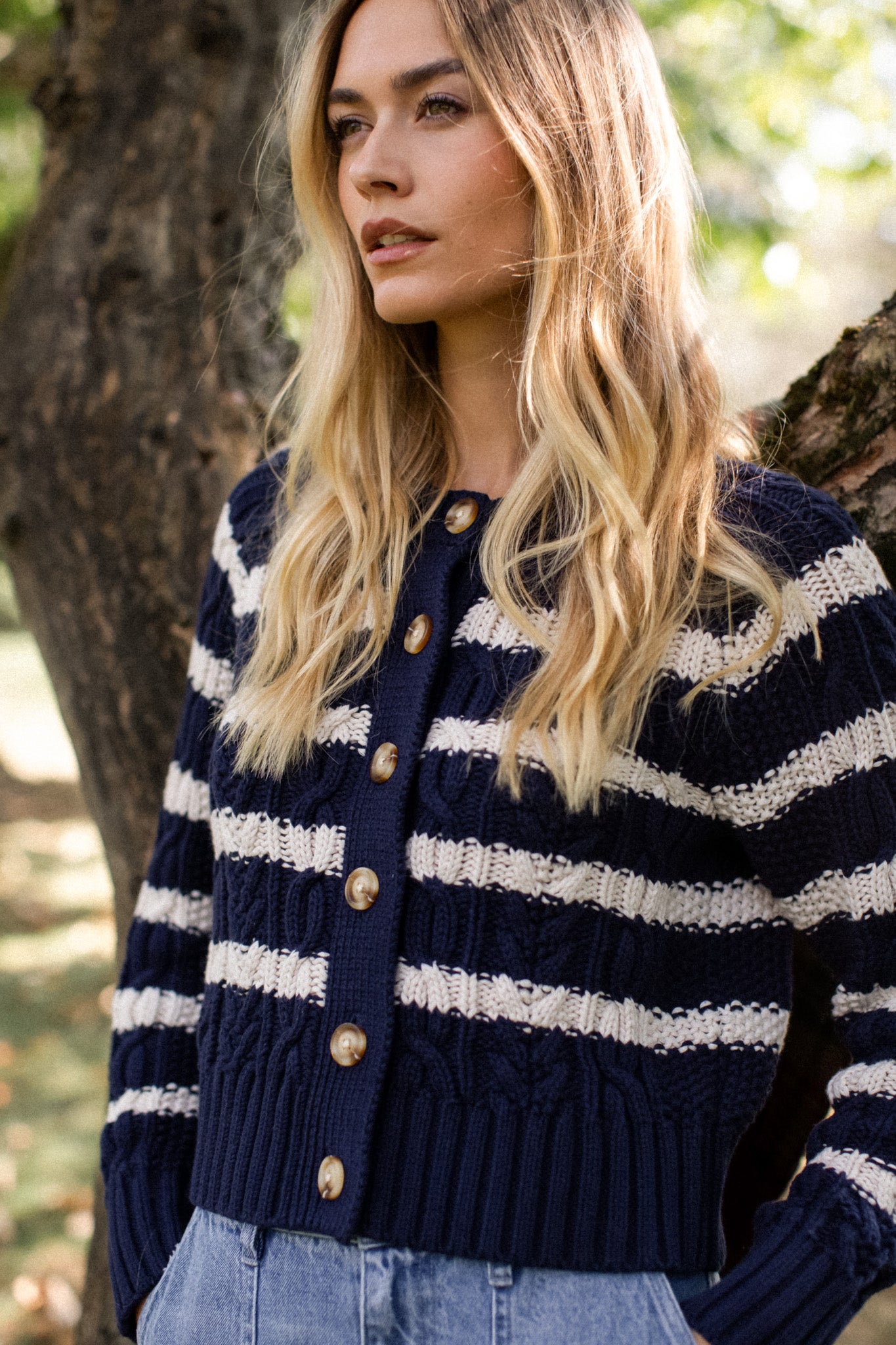 Striped Cable Cardigan - Navy/Ivory Stripe – Marea by Liz Joy