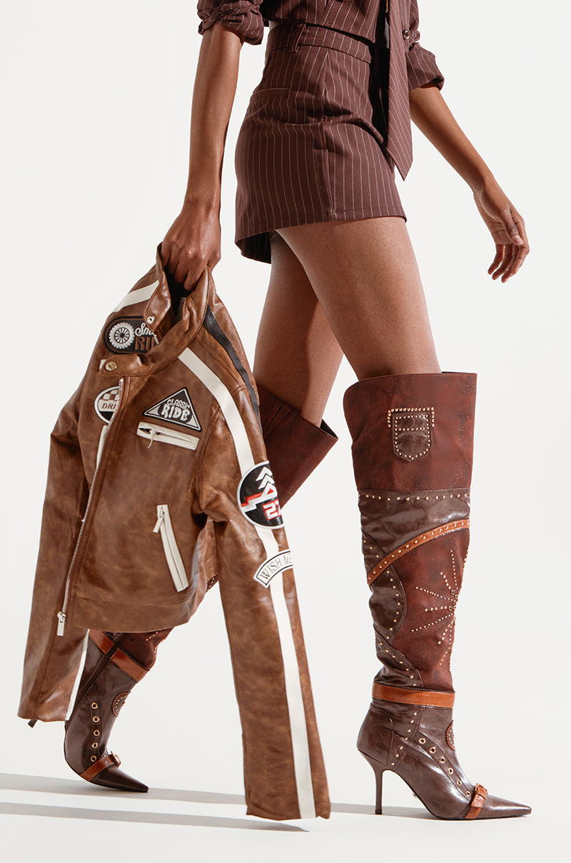 AZALEA WANG CHOCOCAT BROWN MULTI FAUX LEATHER EMBELLISHED BOOT – AKIRA