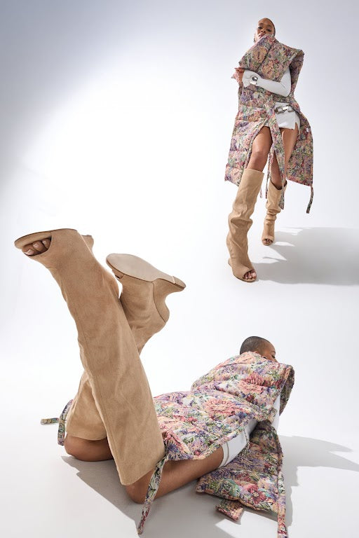 AZALEA WANG VINCENT NUDE FAUX SUEDE OPEN TOE BOOT – AKIRA