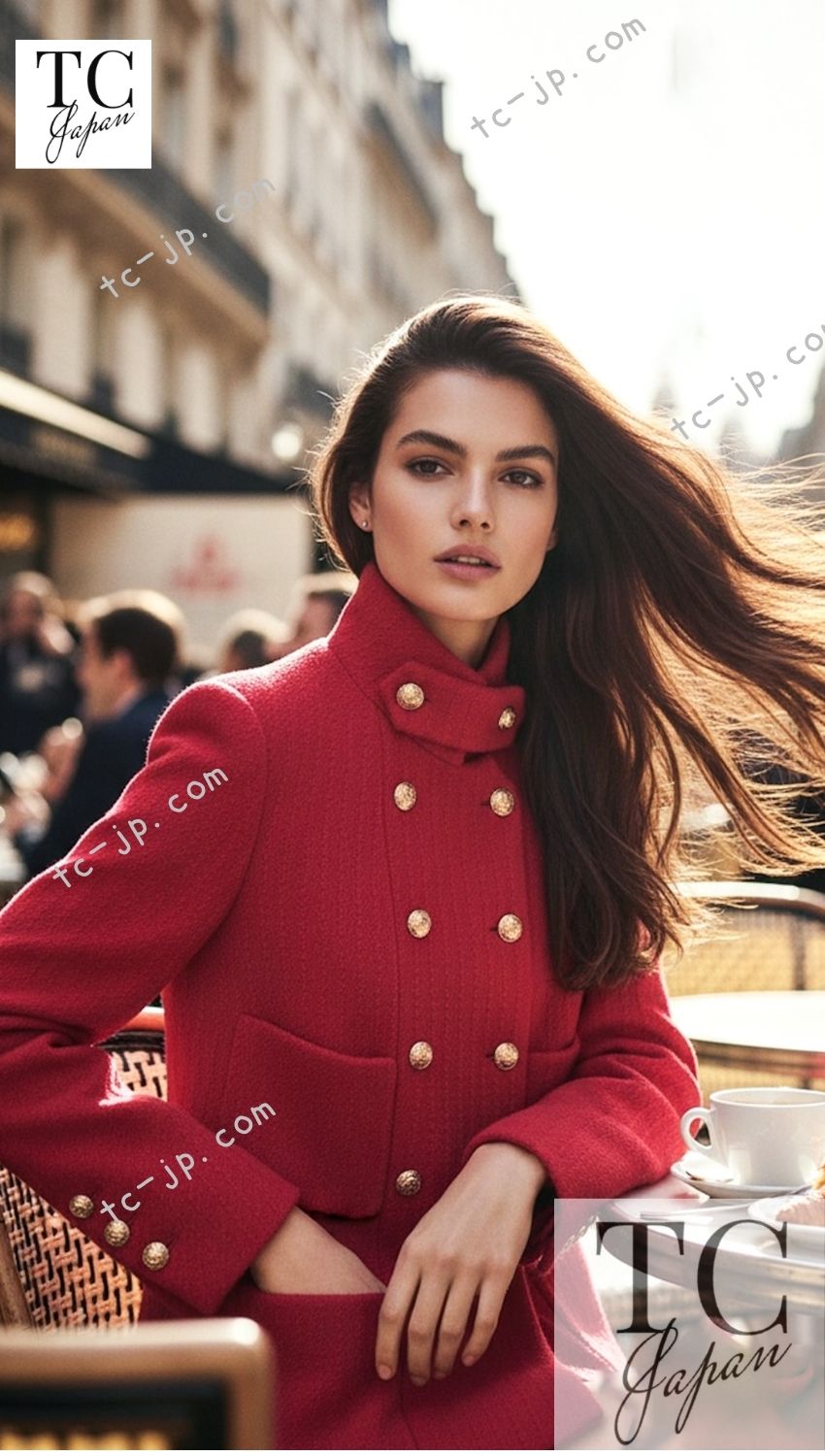 シャネル コート ジャケット CHANEL コーラル ピンク ウール ダブル