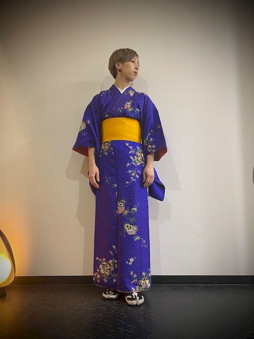 楓、菊模様 青紫色 アンティーク着物 – tokito-online│中古