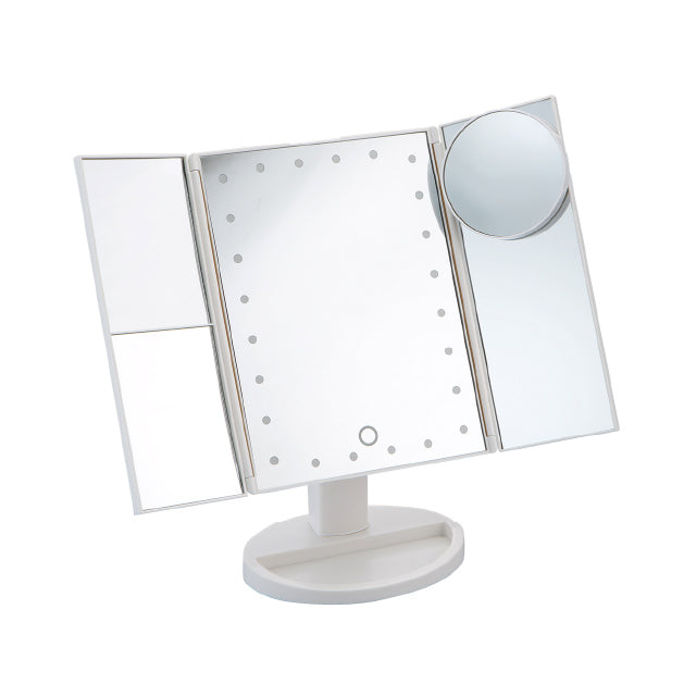 La Curie】 LEDライト24灯三面鏡 卓上ミラー 化粧鏡 2倍＆3倍拡大鏡