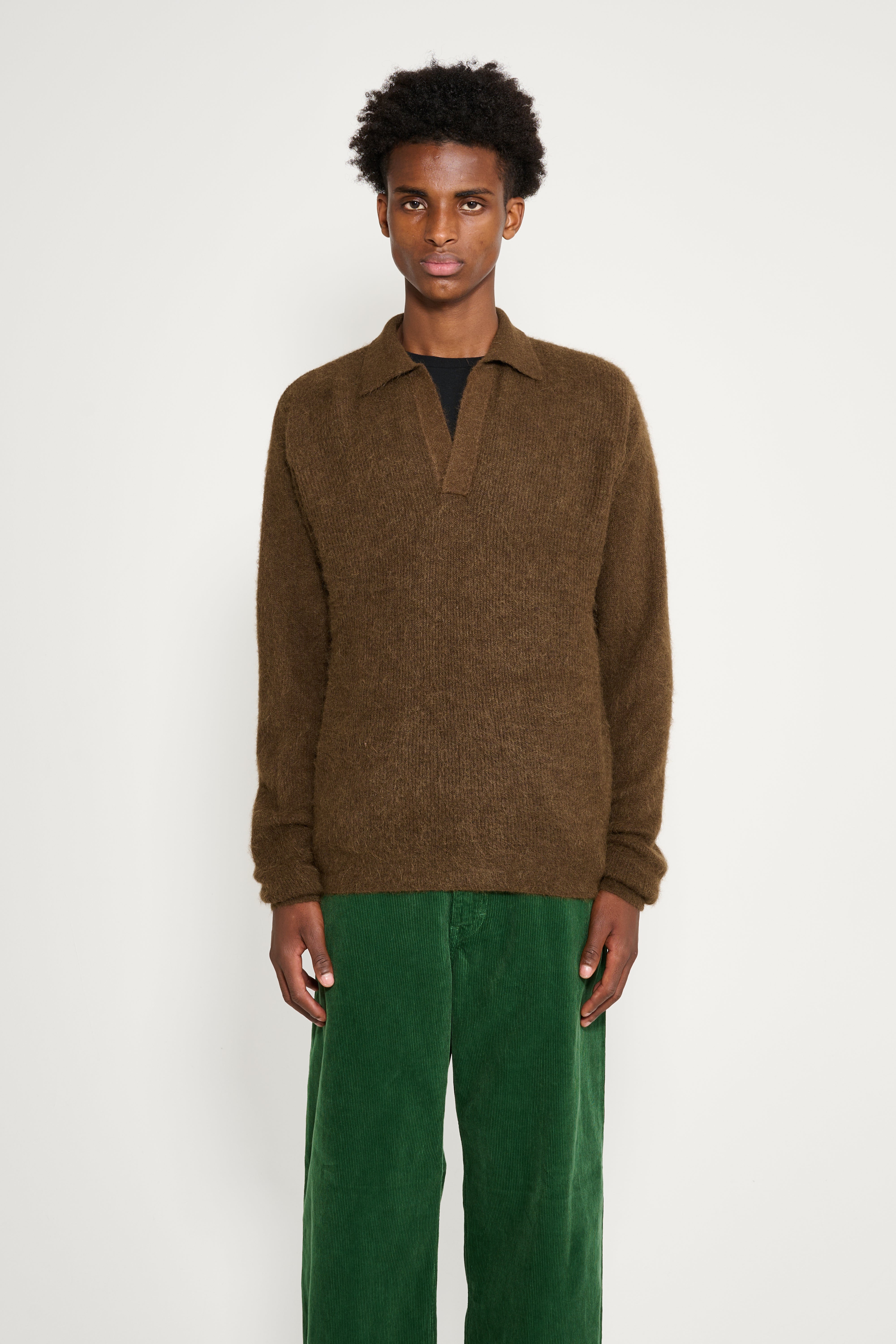 Auralee Baby Suri Alpaca Sheer Knit Skipper Polo Dark Brown – Très