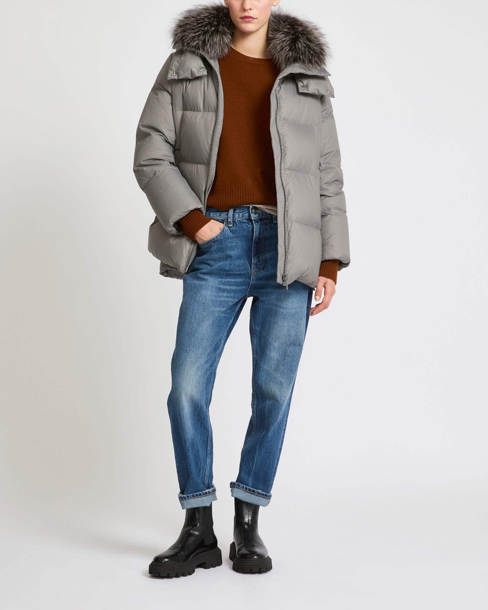 down jacket with fox fur collar - grey - Yves Salomon – Yves
