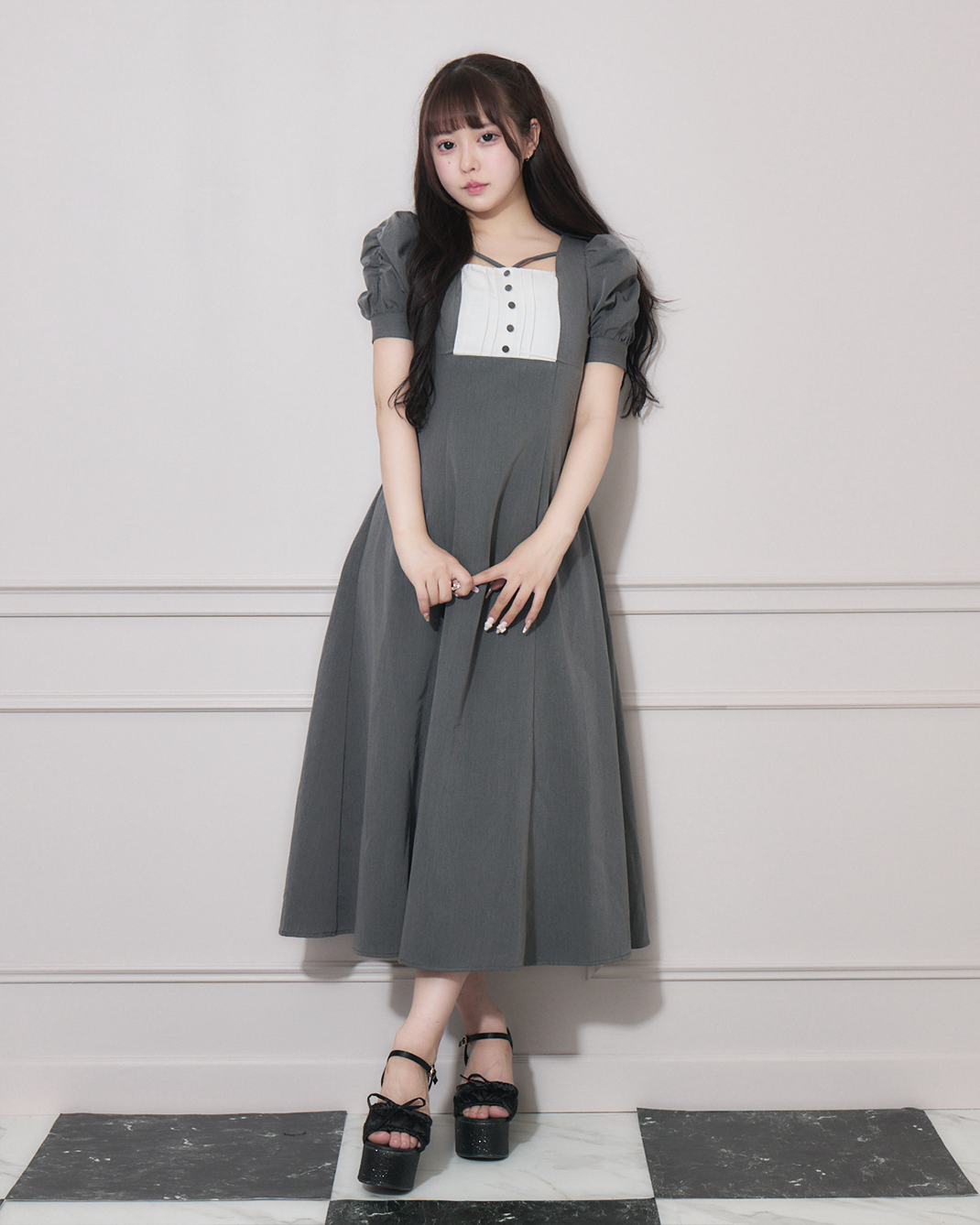 ヨーク切替ギャザースリーブロングワンピース – pium