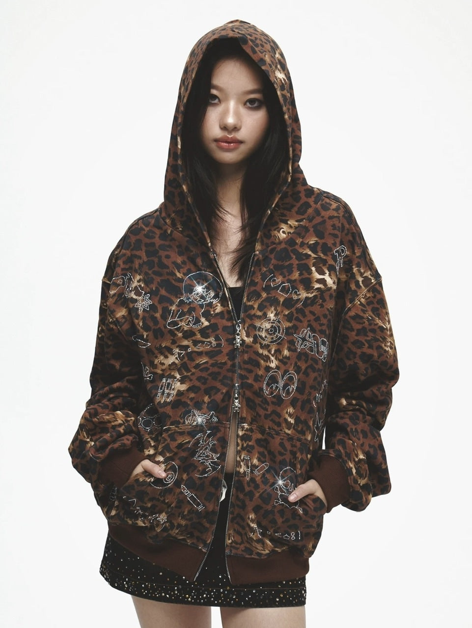 DND4DES】Cartoon Rhinestone-Studded Leopard Print Zip Hoodie