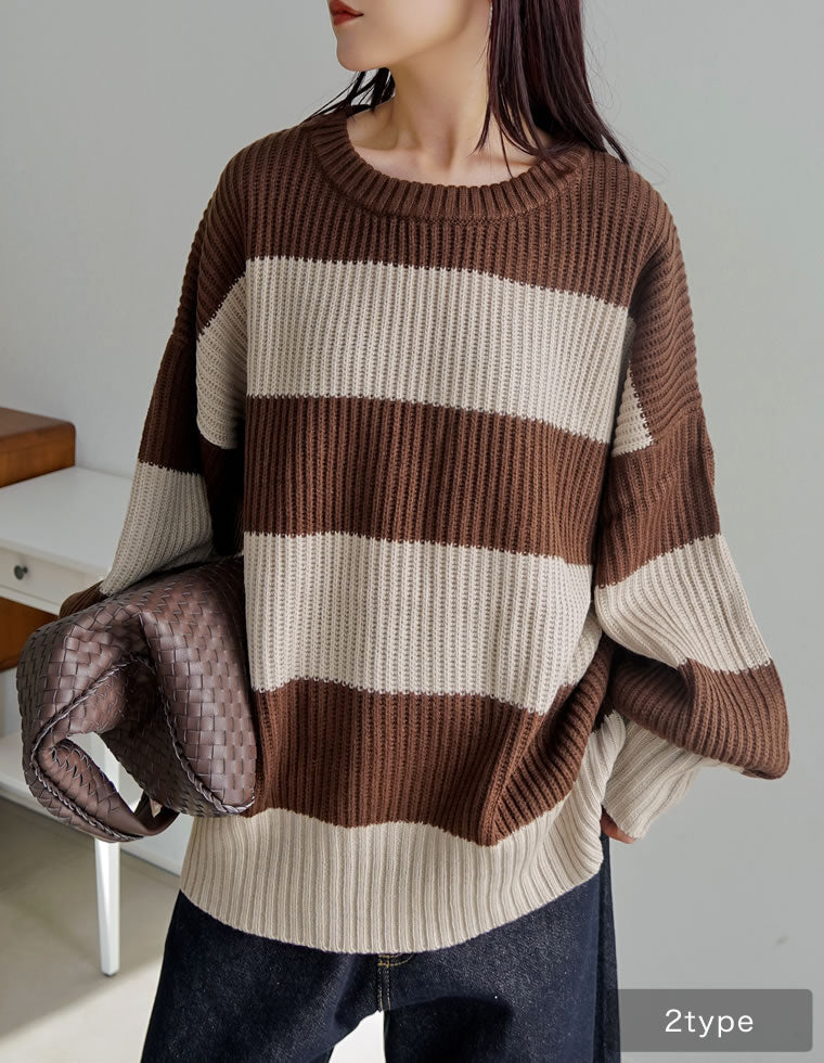 選べるクルーネックorボトルネック畦編みニットトップス - トップス