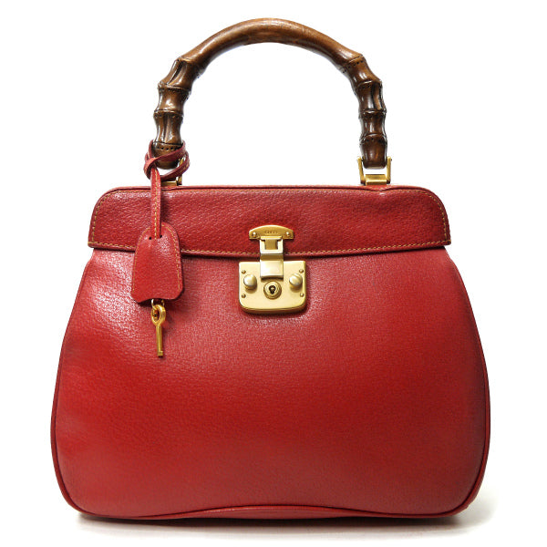OLD Gucci 「レディロック」ウッドトップハンドバッグ（赤/猪革