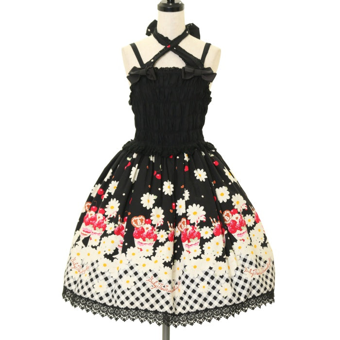 USED】初夏でショコラないちごパフェ柄シャーリングジャンパースカート