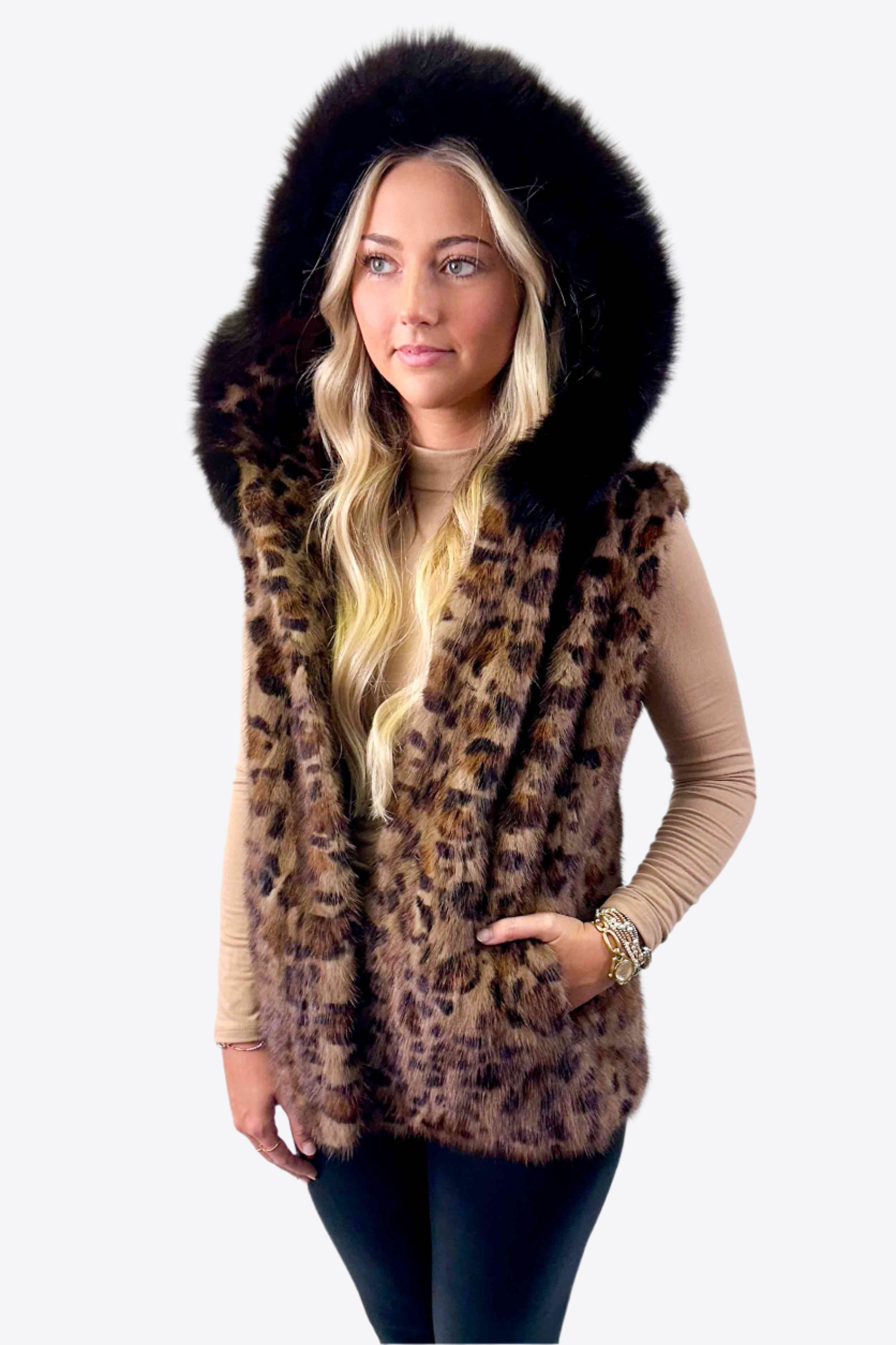 Sectioned Mink Fur Vest with Fox Fur Trim Hood – Henig Furs