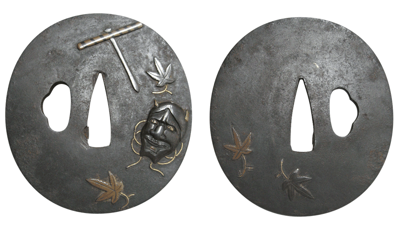 つば 般若面 鍔 鐔 はんにゃ 鉄地 服部美術刀剣店 刀装具 家紋 Tsuba