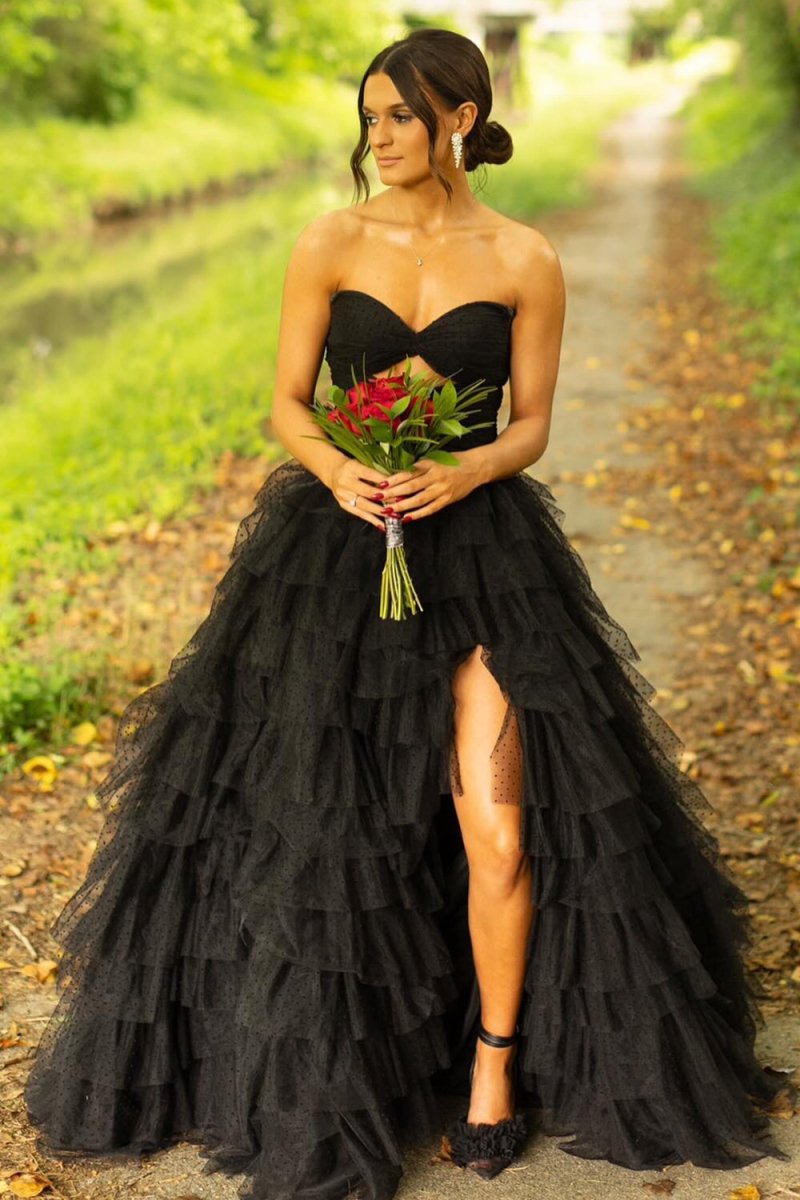 A Line Black Tiered Tulle Sweetheart Long Prom Dresses with Slit