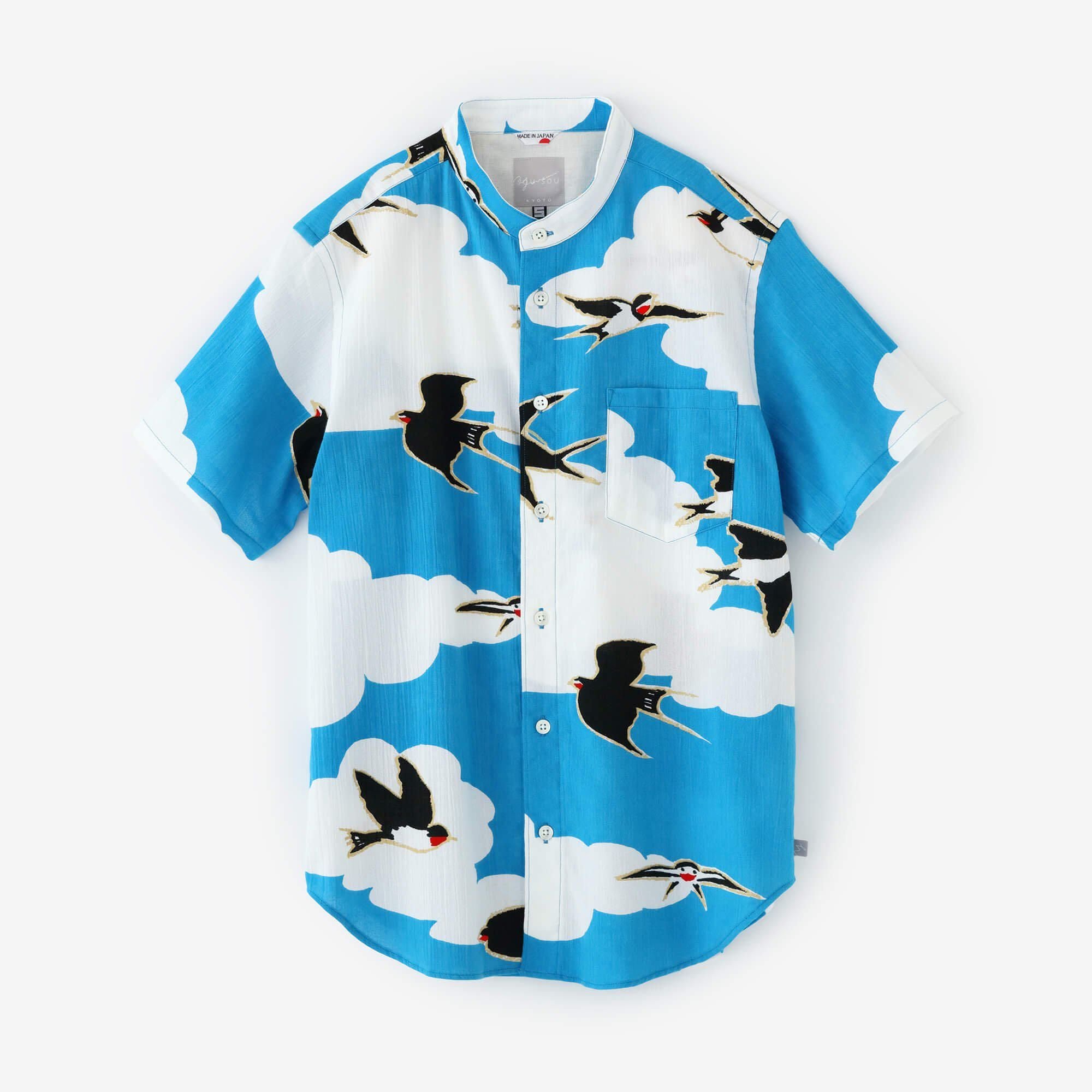 高島縮 20/20 スタンドカラー半袖シャツ／玄鳥至（つばめきたる）