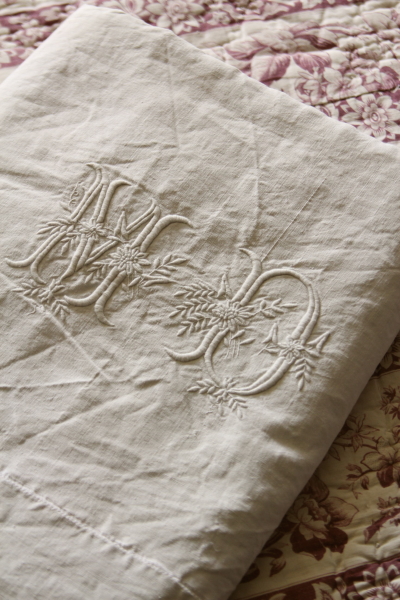 フランス アンティーク リネン シーツ 麻 モノグラム 刺繍 カーテン布地