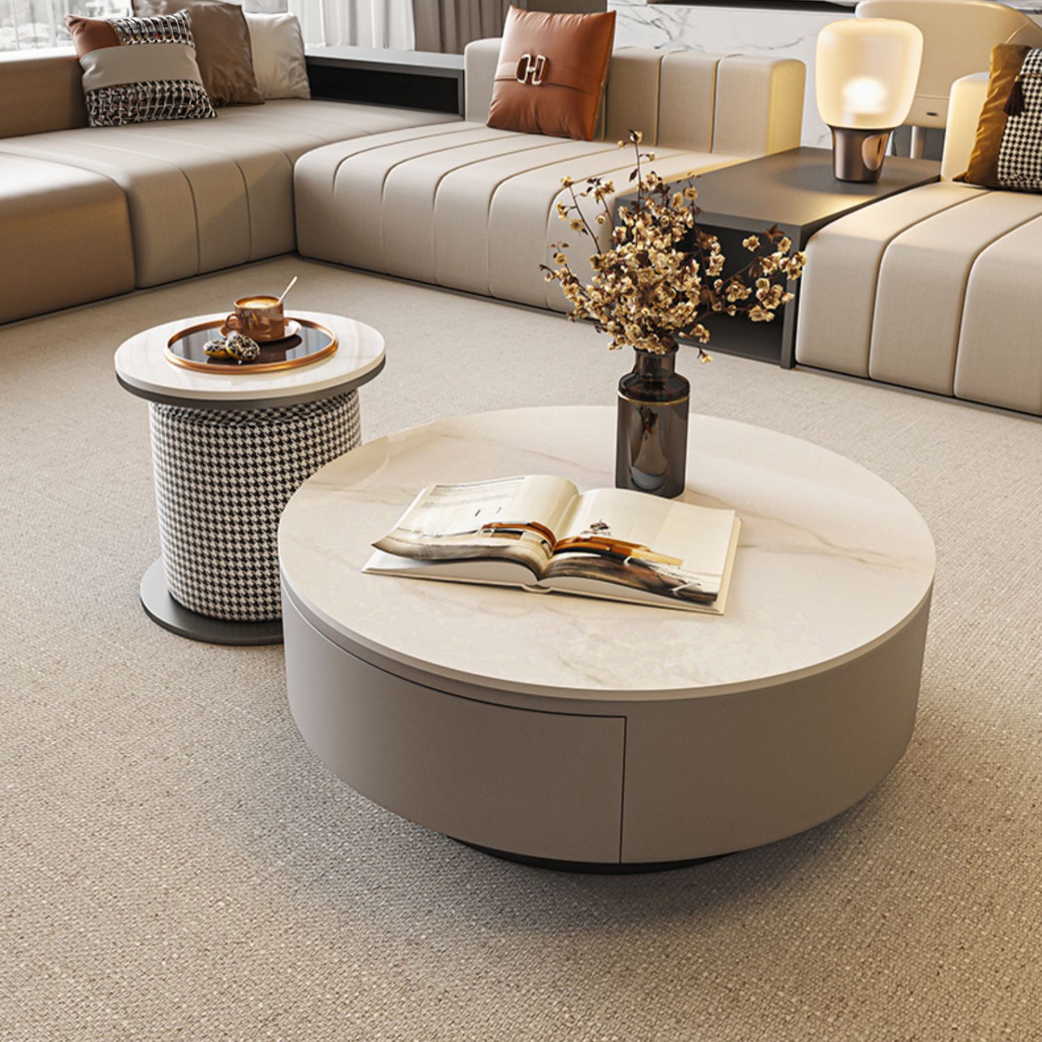 センターテーブル セラミック天板引き出し収納付き- 高級感漂うモダン