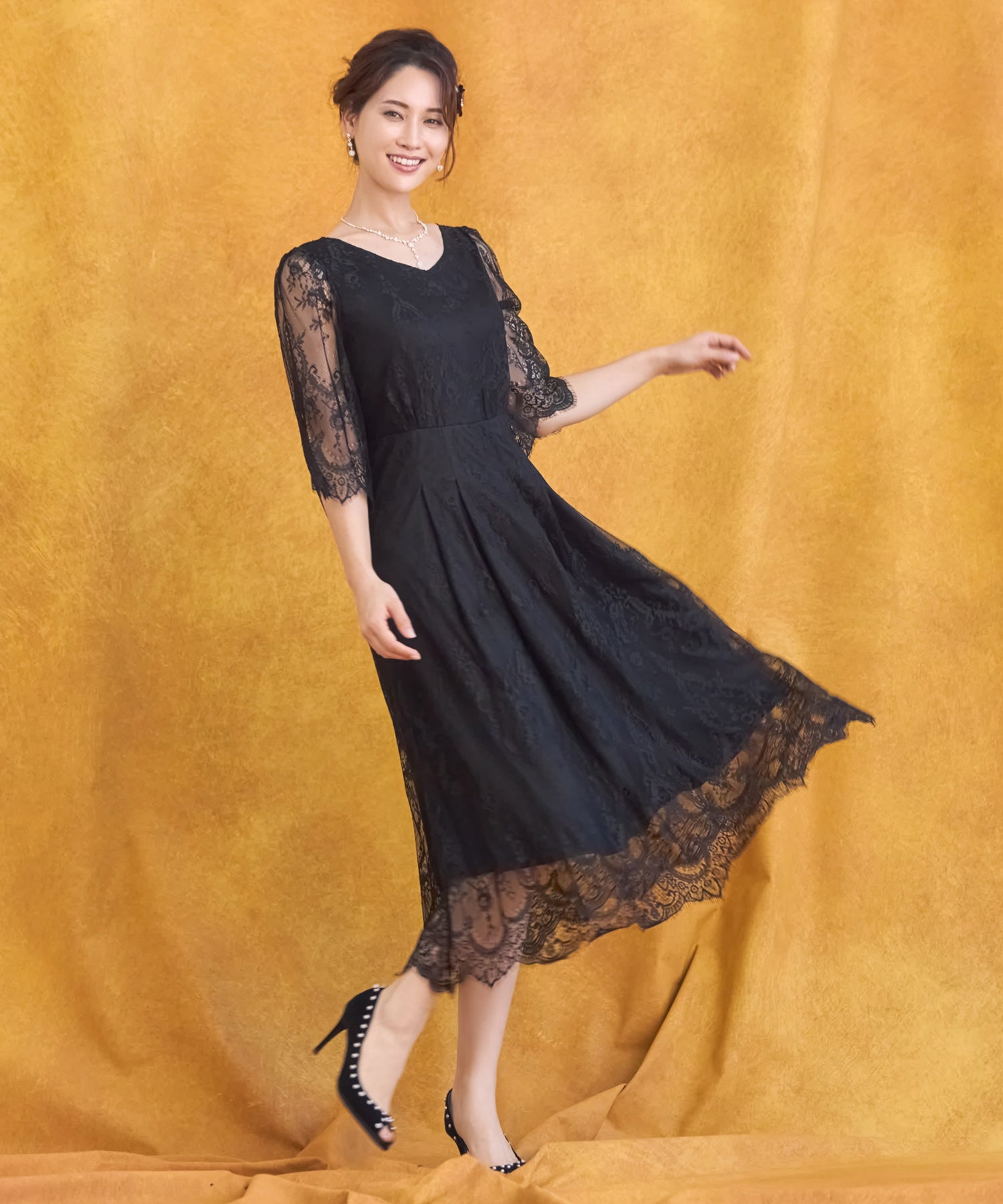 ワンピース ドレス 総レース Aライン ミモレ丈 結婚式 披露宴