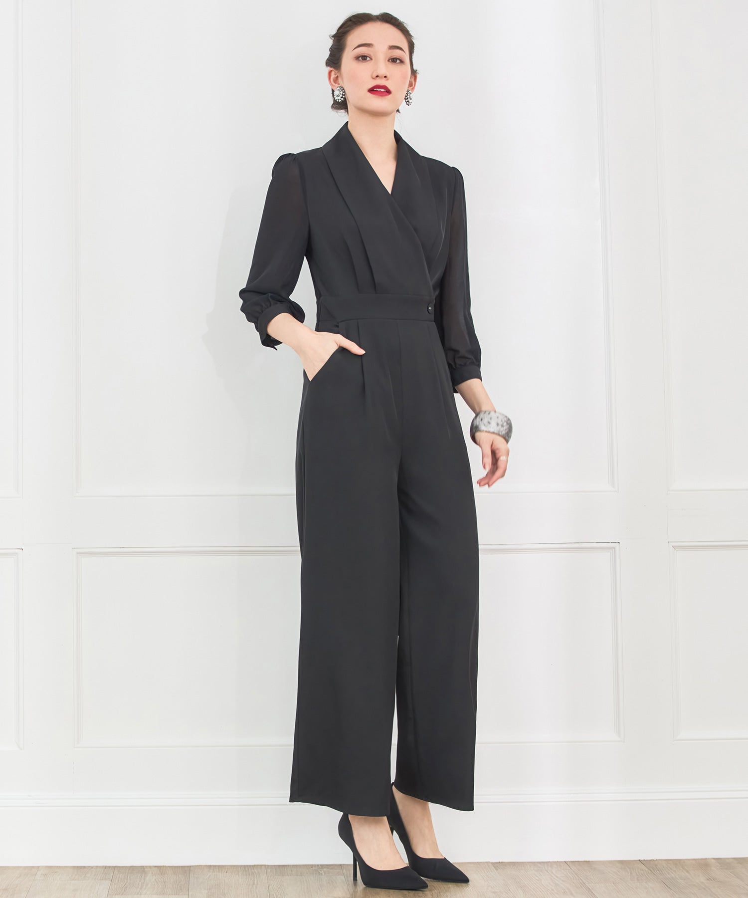 ジャンプスーツ パンツドレス シフォン S M L XL パーティー 結婚式