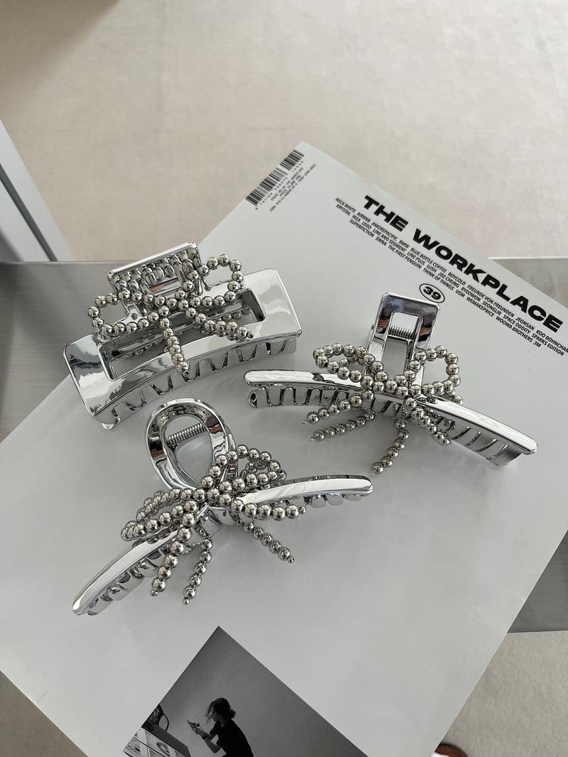 シルバー ボール リボン ポイント ヘアクリップ (3Type) 韓国