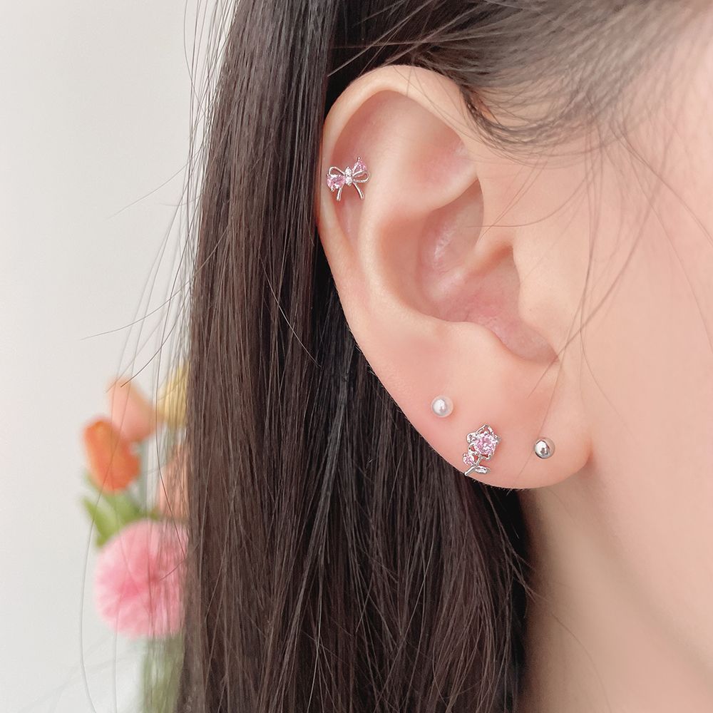 4個SET]ピンク フラワー キュービック 花 ピアスピアス セット (2Color