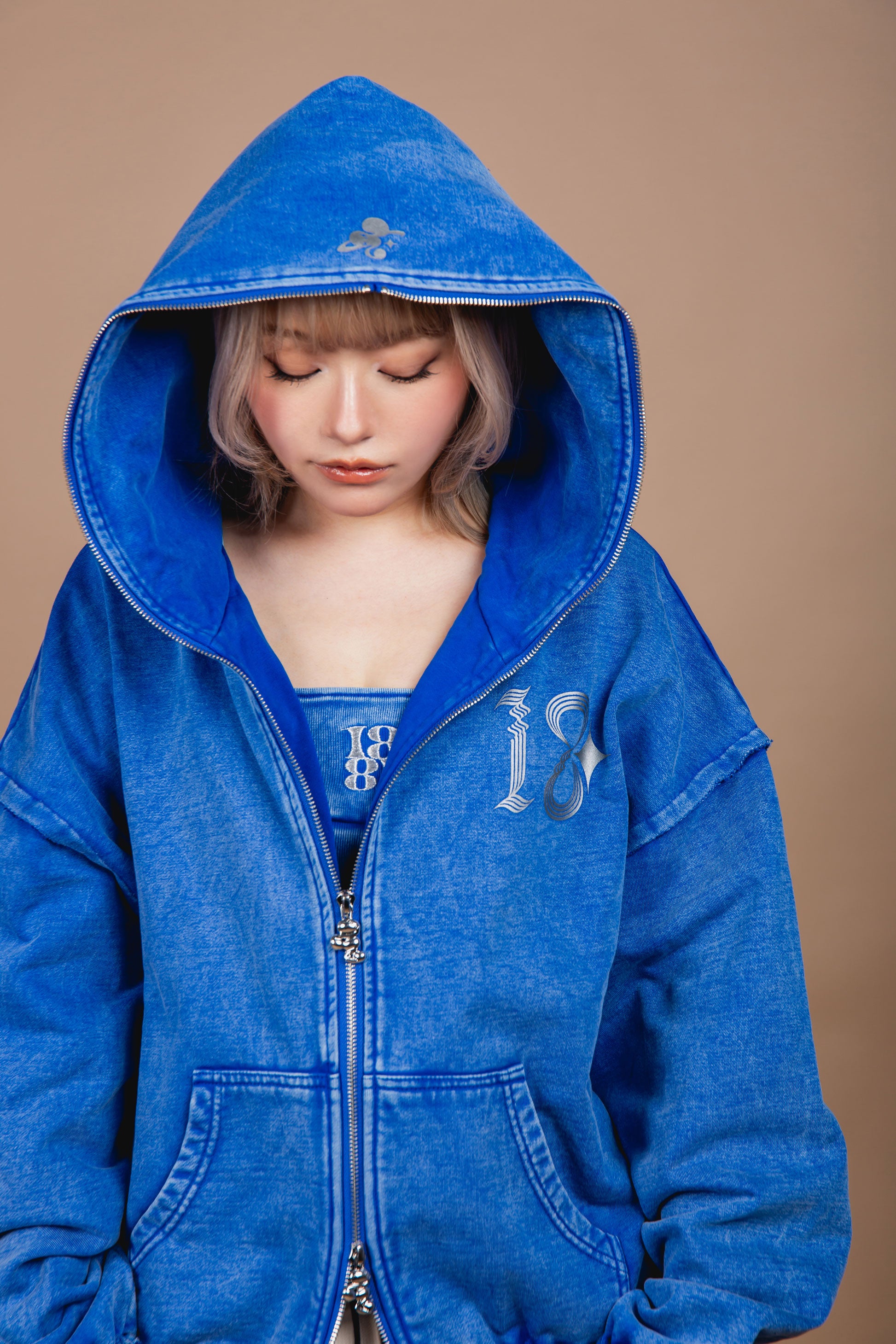 WASHED DOUBLE ZIP HOODIE blue – 1818