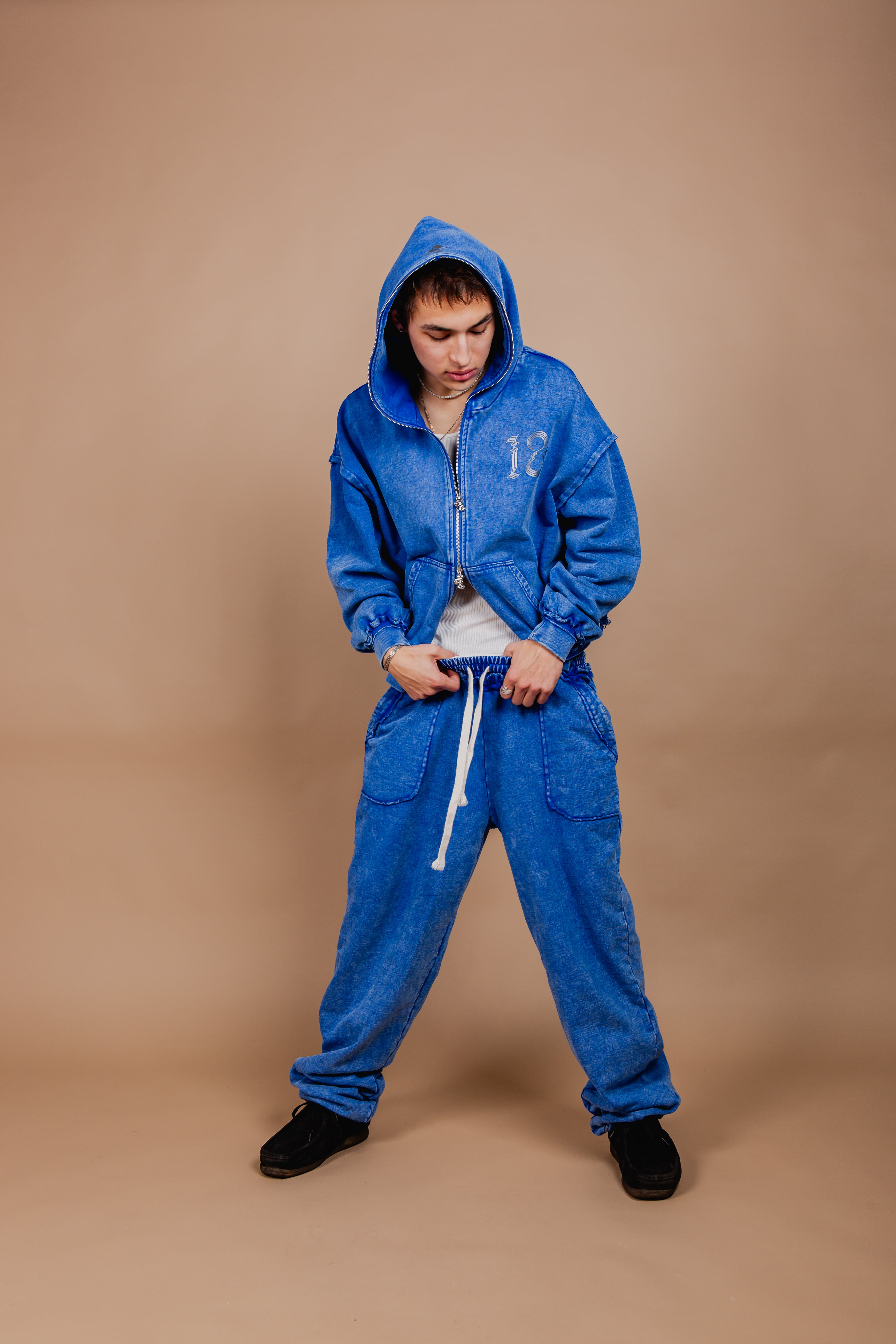WASHED DOUBLE ZIP HOODIE blue – 1818