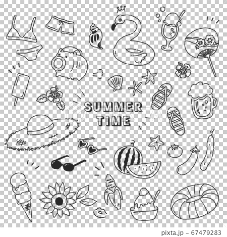 夏の手描きイラストアイコンセット【線画・白背景】のイラスト素材