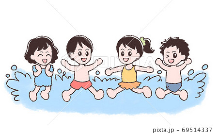 水遊びをする子どもたち 無料イラストのイラスト素材 [69514337] - PIXTA