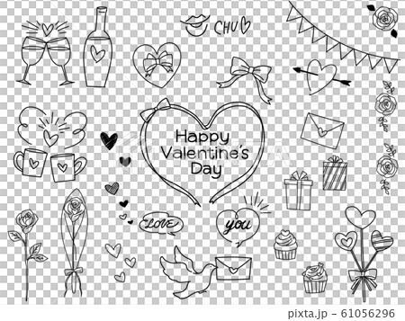 バレンタインデー おしゃれ 手描き 線画 素材 イラスト セットの