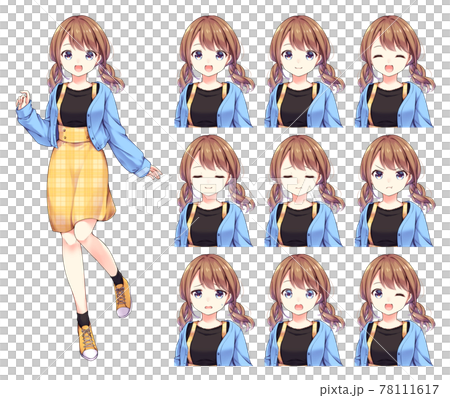 アニメ風の女性キャラクター 全身イラスト＋表情差分セットのイラスト