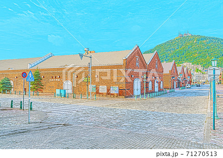 アニメ風] 北海道 函館 金森赤レンガ倉庫周辺の風景のイラスト素材