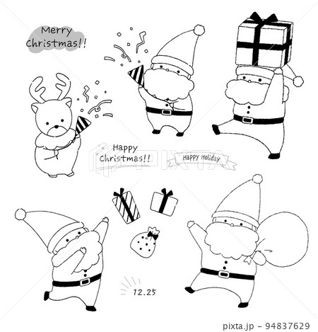 かわいい手描きのクリスマスサンタクロースのポーズ線画イラスト