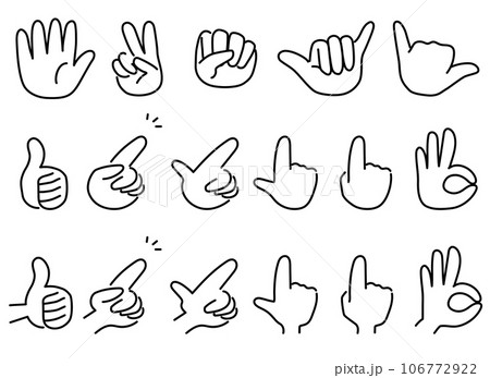 いろいろなハンドサインのモノクロのアイコンセット 指差しやOKサイン