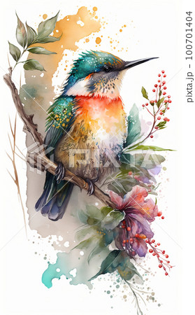 イラスト 水彩 背景 花 鳥 植物 自然 アートのイラスト素材 [100701404