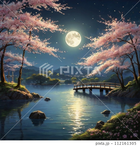 水面に浮かぶ桜と月①のイラスト素材 [112161305] - PIXTA
