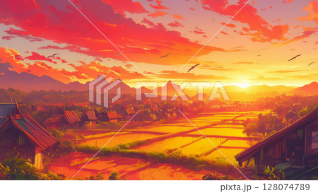 夕日が沈む平和な田園の町の風景、アニメ風のイラスト素材 [128074789
