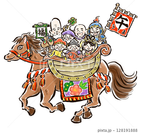 干支の午（馬）に乗った七福神の手描きイラスト 年号なしのイラスト
