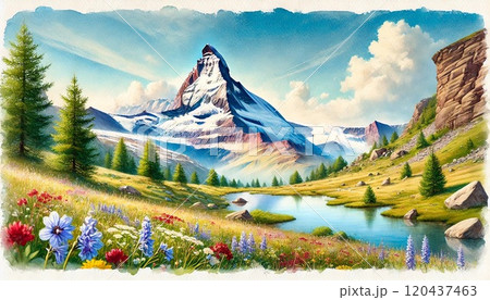 スイス・マッターホルンの絶景、花畑と湖の美しい山岳風景のイラスト