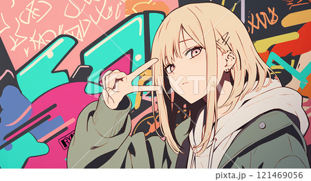 アニメ風の女の子とグラフィティの背景 AIのイラスト素材 [121469056