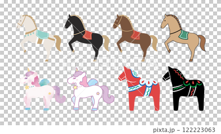 馬とユニコーンとダーラナホースアイコンセットのイラスト素材