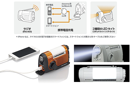 ラジオ受信・スマホ充電・LEDライトを装備したソニーの手回し充電対応