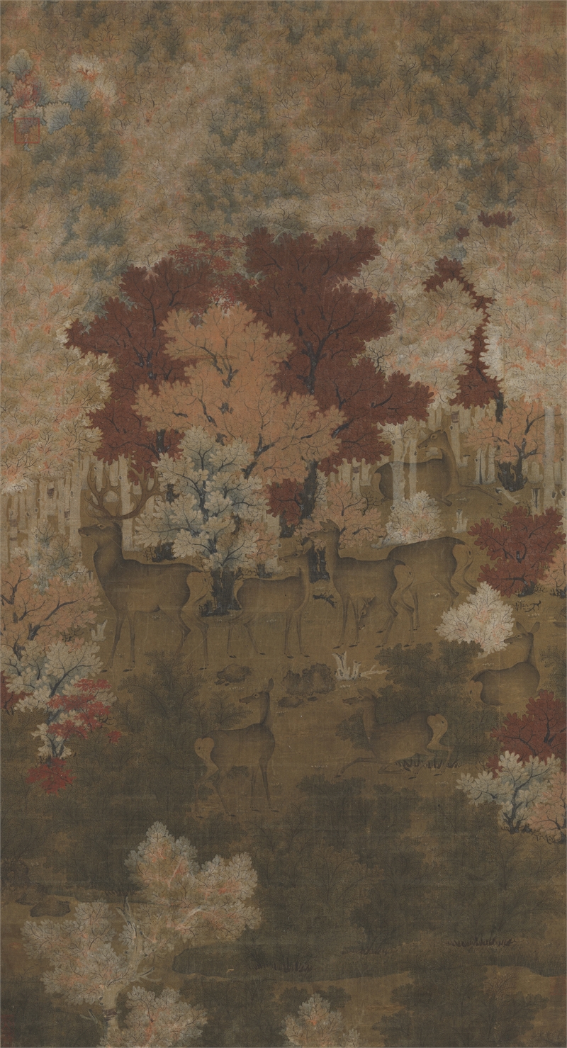 美品 掛け軸 二玄社「五代人 丹楓呦鹿圖」故宮博物院 中国画 解説付 丹楓幼鹿図 故宮精品網路商城- 複製五代人丹楓呦鹿畫心