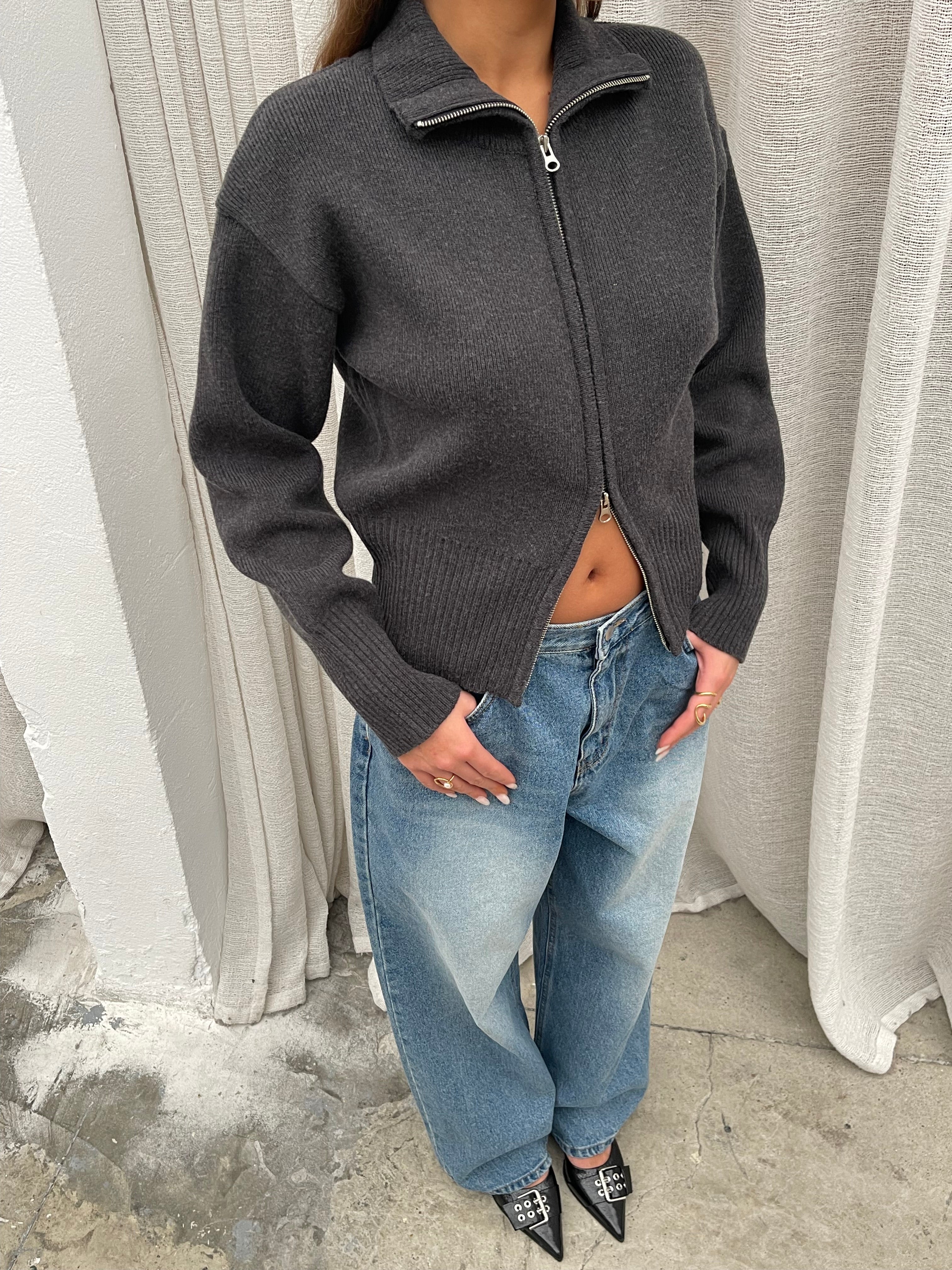 Two Way Zip Cardigan Grey – The Room Antwerp