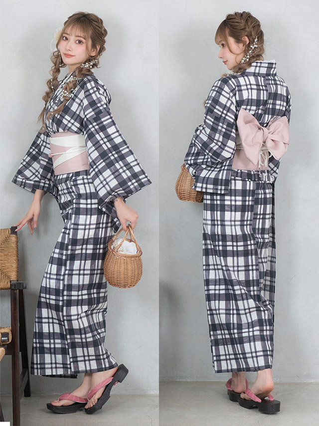 浴衣 選べる帯] レトロ モノトーンチェック 3点セット (ゆかた・平帯or