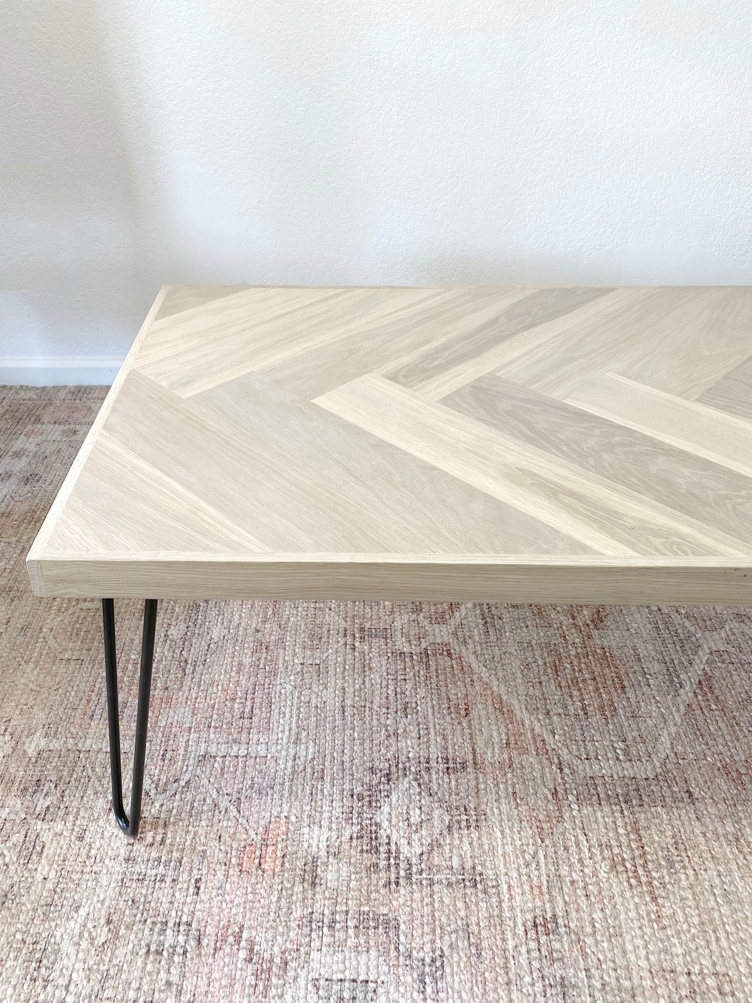 White Oak Wood Herringbone Coffee Table, Metal Hairpin or Tapered