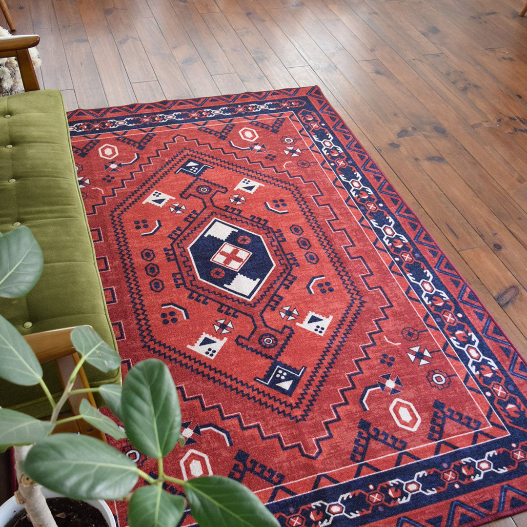 ヴィンテージ風ラグ TOCORU Series トライバル柄ラグ ループ レッド