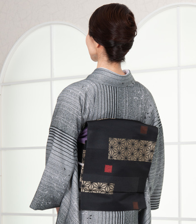 お仕立済み】桐生織 京袋帯(横段破れ麻の葉：黒) 京袋帯 【きもの都粋】