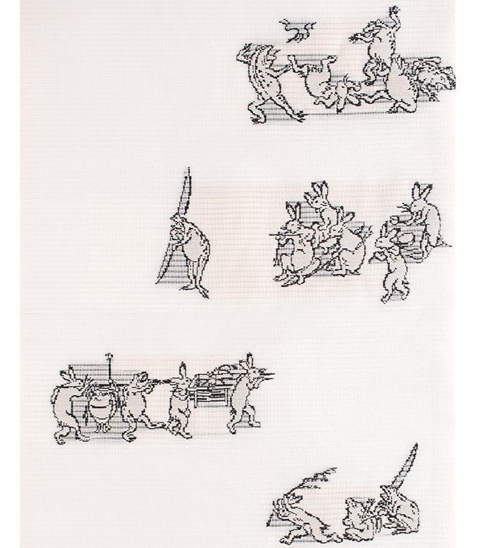 お仕立済み】西陣織夏名古屋帯（鳥獣戯画：白） 正絹名古屋帯 【きもの