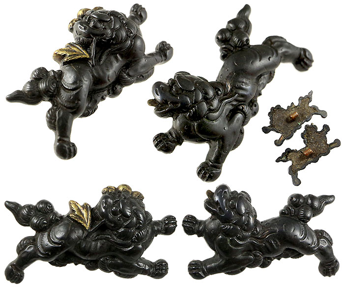 海】江戸明治期 日本刀装具 獅子 蝦図 金象嵌 縁頭 3点 骨董品 美術品